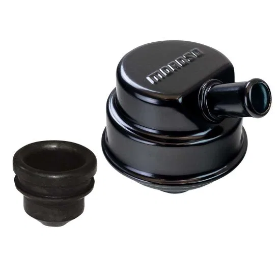 68782 – MOROSO Crankcase Breather Cap, Round 1-1/4 Inch Diameter Push-In Style Powder Coated Black With Moroso Logo W...